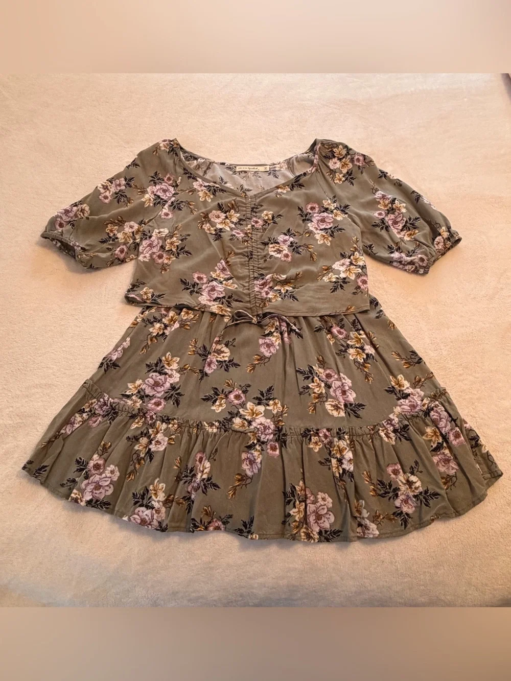Juniors Olive Floral Two Piece Set